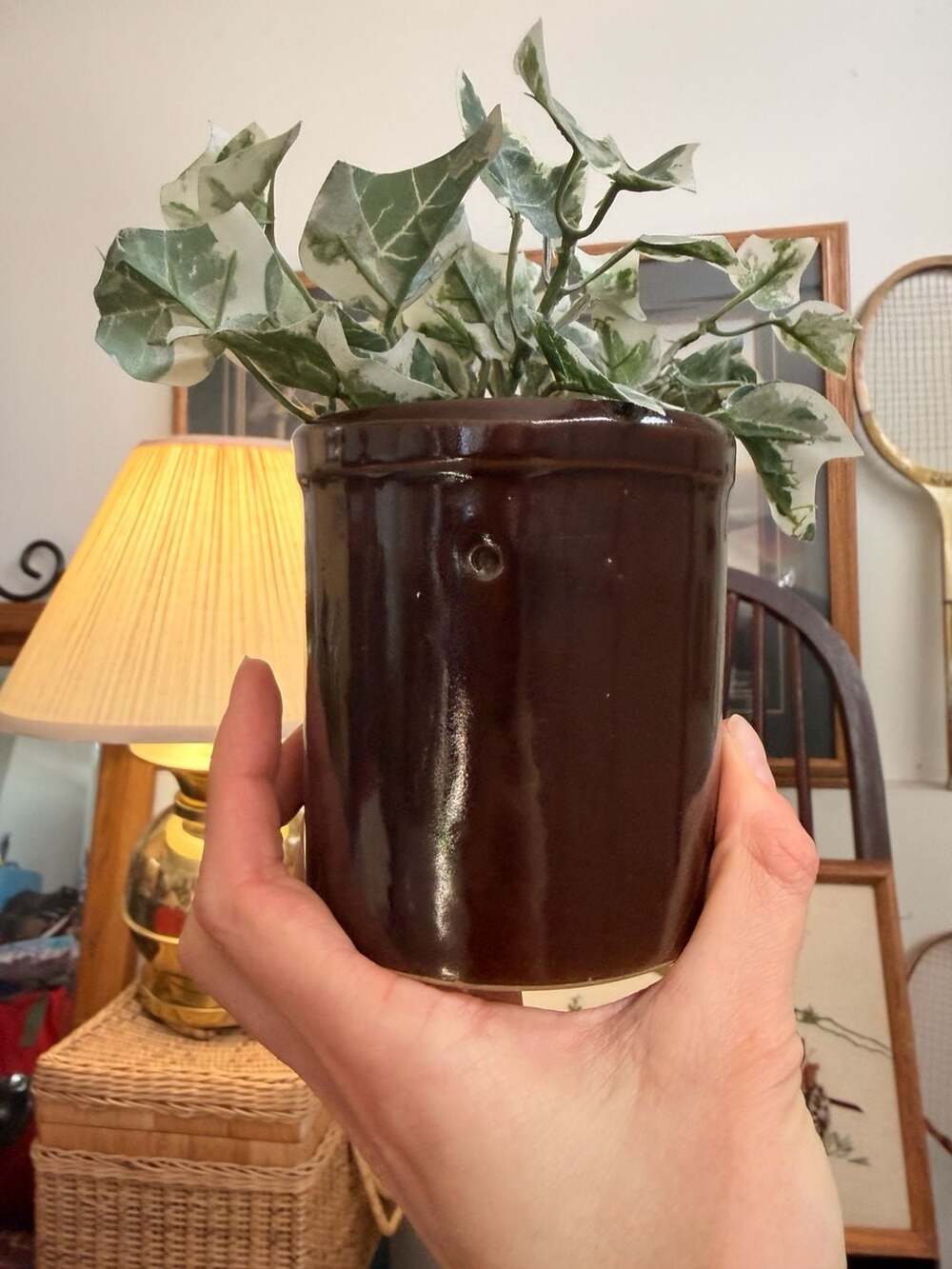 Vintage Brown Glazed Stoneware Pottery Crock Pot Planter